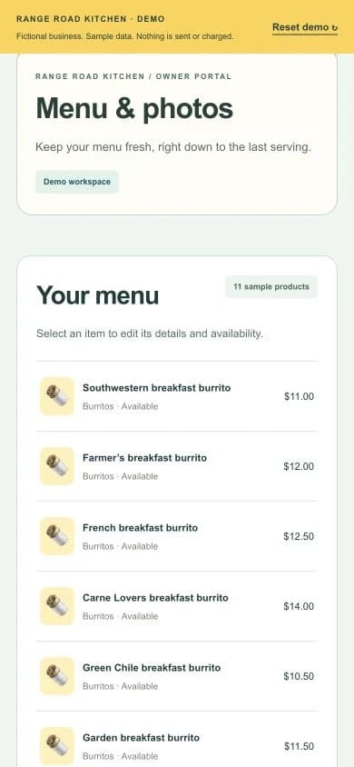 Mobile admin menu with breakfast burritos, prices, and availability