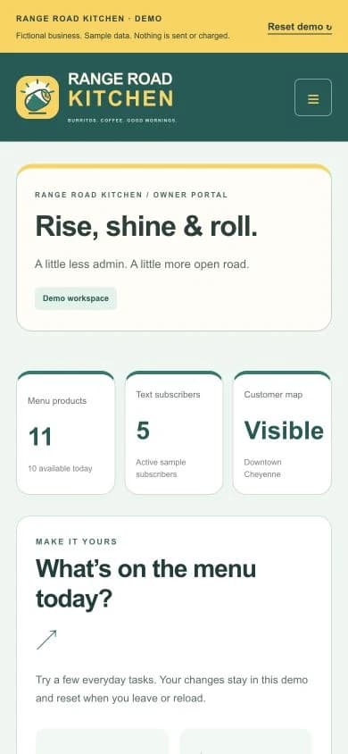 Range Road Kitchen branded owner portal on mobile showing menu products, subscribers, and the customer map