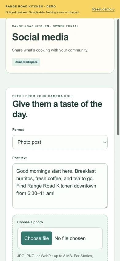 Angled mobile social composer with photo upload and post text